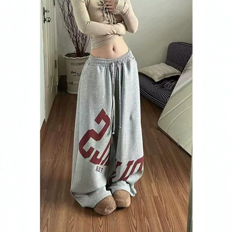 American Hip-Hop Retro Gray Wide-Leg Sweatpants for Women, Autumn and Winter Loose Letter Print Jazz Street Dance Sweatpants