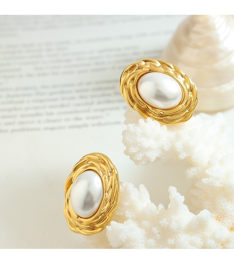 Oval Pattern PVD Coated Real Gold Plated 18K Gold Oval 304 Stainless Steel Retro Waterproof Non Tarnish Earrings Necklace