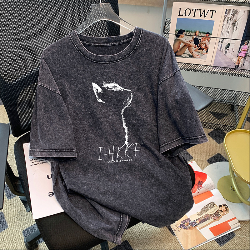 European and American Hiphop Trendy Brand Distressed Short-Sleeved T-Shirt Women's Large Size Loose Oversize Washed Black Printed Tops