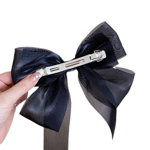 Mesh ribbon bow hairpin hairpin solid color bright silk fabric big bow spring clip cute girl hair accessories