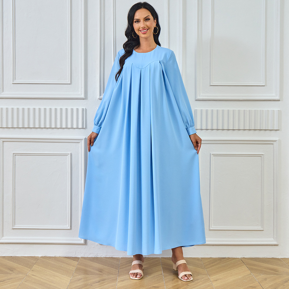 New Abaya Arab Cross-border Middle Eastern Muslim Robe Long-sleeved Solid Color Large Hem Dress Long Skirt Women's_ecoleips.com