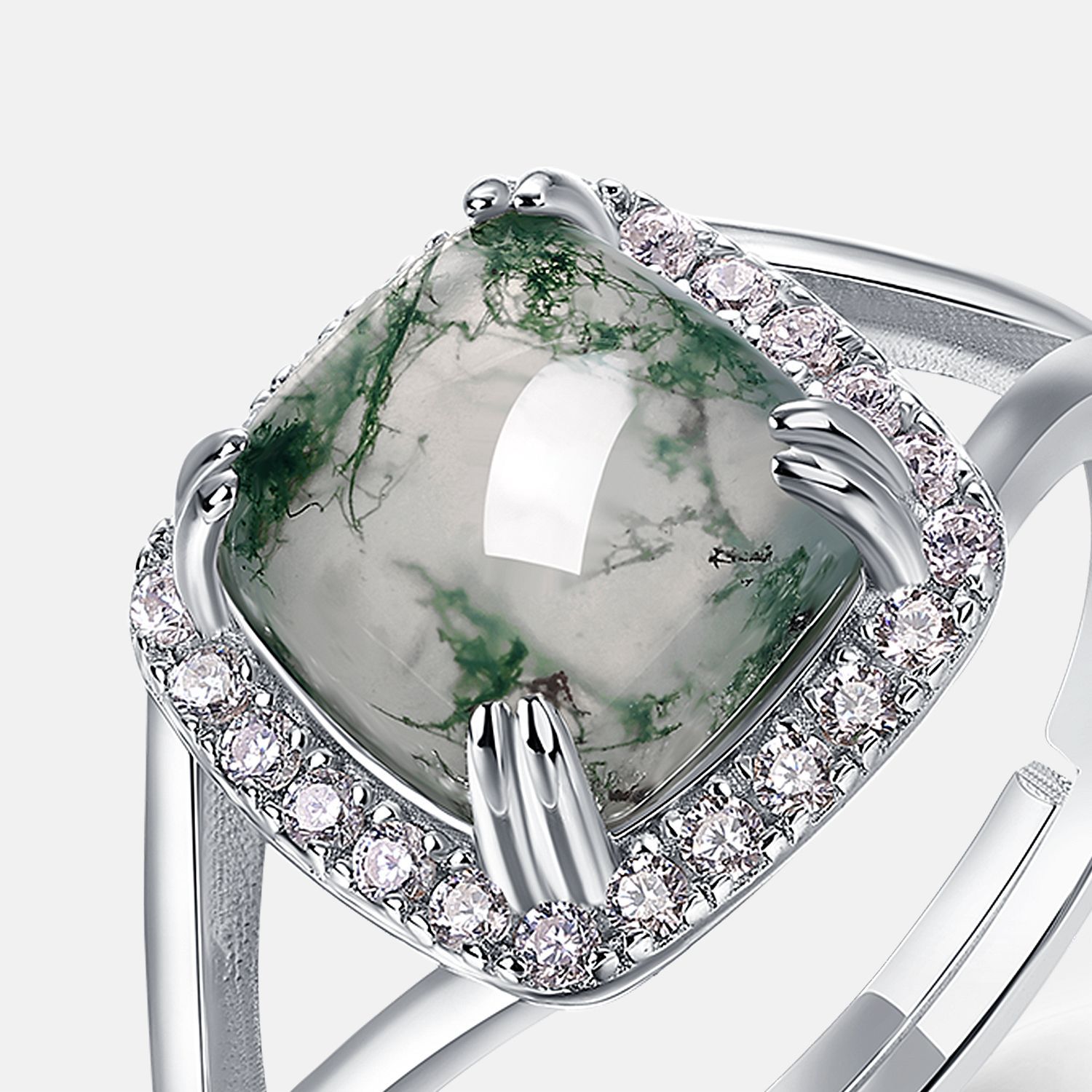 Nuevo estilo transfronterizo de torre de azúcar, anillo de ágata de hierba de agua natural S925, joyería de piedra de musgo verde plateado, estilo simple europeo y americano