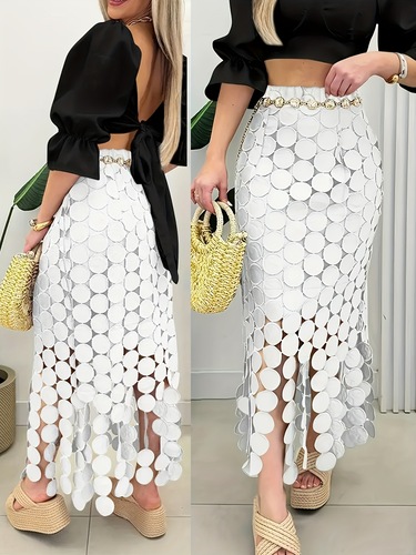 Women's Elegant White Circle Pattern Knit Tassel Bodycon