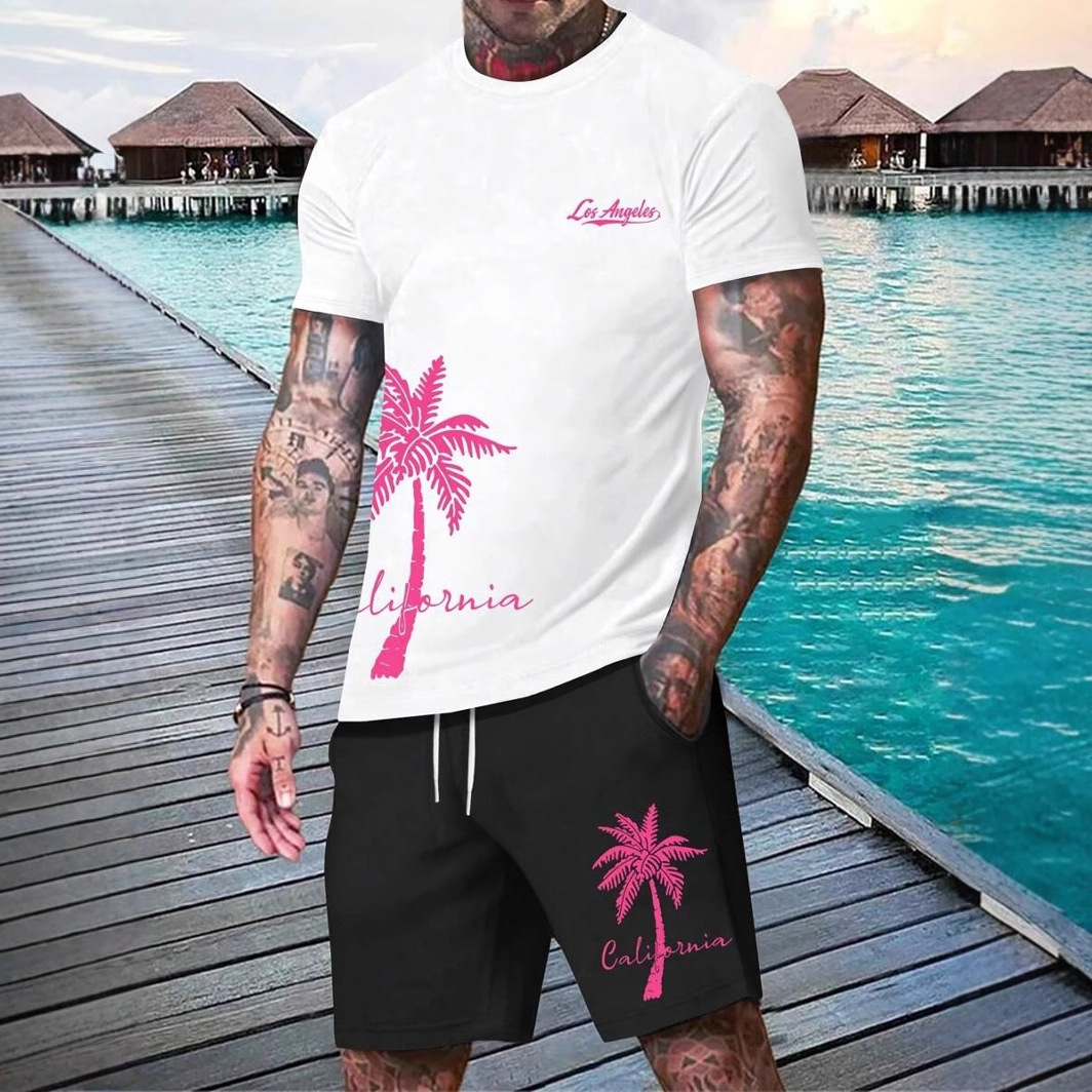 Coconut Tree Lema Graffiti 3D Impresión digital Traje de hombre Camiseta Traje de hombre Cuello redondo Pantalones cortos con cordón de manga corta