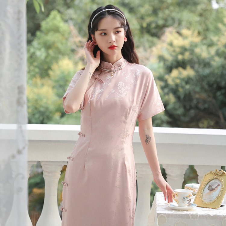 旧上海粉色旗袍裙少女民国风日常修身气质复古旗袍改良版连衣裙夏