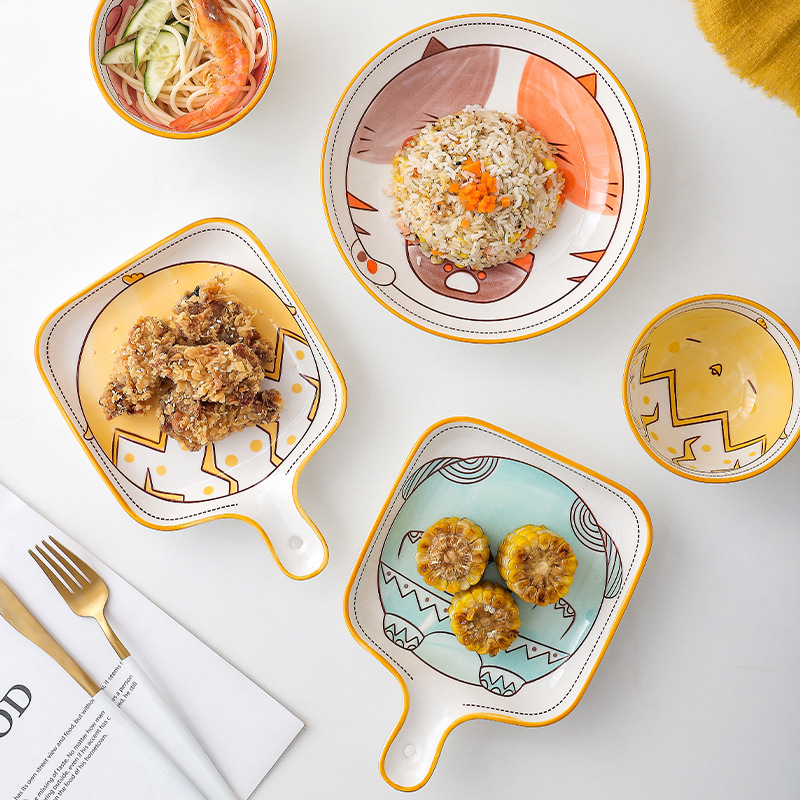 Creativo lindo mascota vajilla de cerámica placa lindo animal hogar mango placa para hornear tazón de arroz comer tazón conjunto