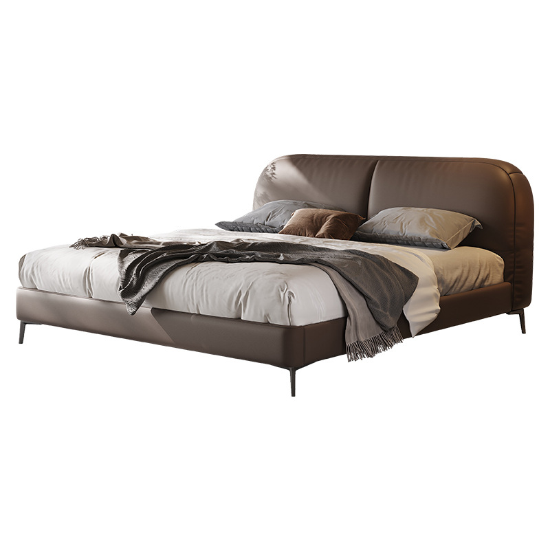 Italiano minimalista de cuero genuino cama diseñador dormitorio principal primera capa de piel de vaca simple suave cama cubierta azul borde gordo cama doble