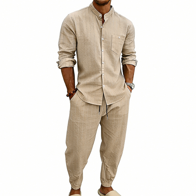 Transfronterizos primavera y otoño hombre deportivo a rayas verticales camisa casual de manga larga cardigan a rayas transpirables pantalones de dos piezas
