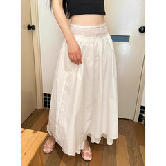 实价现货白色设计感蕾丝边拼接半身裙女2025夏季独特漂亮伞裙长裙