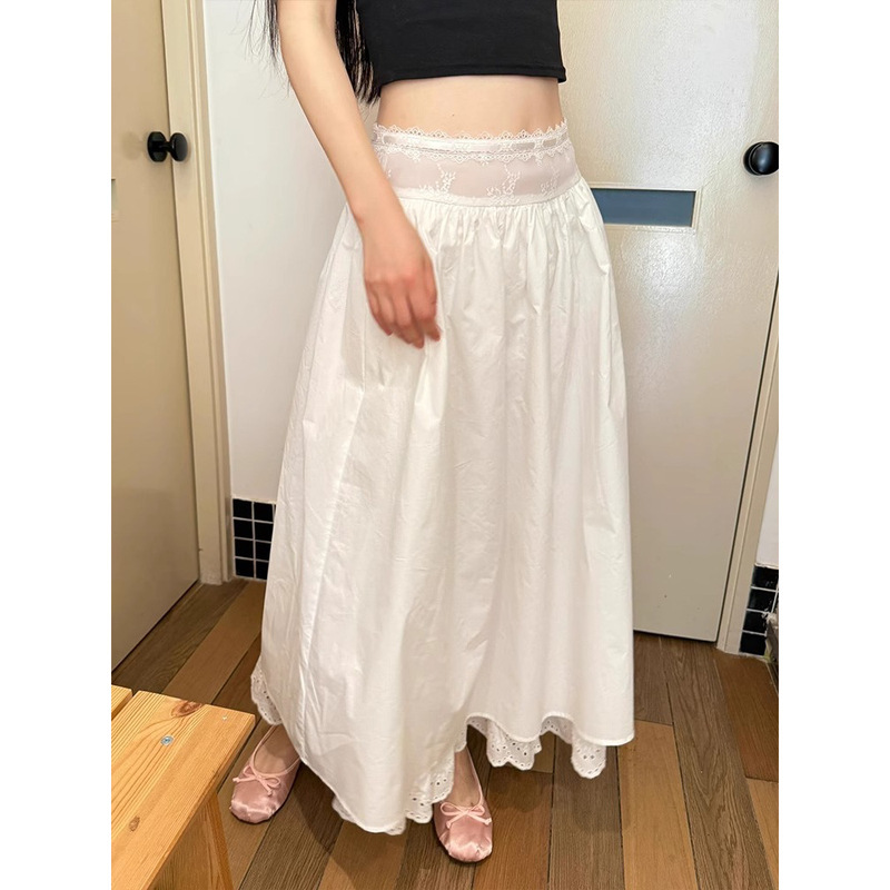 Real Price Spot White Design Lace Edge Splicing Skirt for Women 2025 Summer Unique and Beautiful Umbrella Skirt Long Skirt