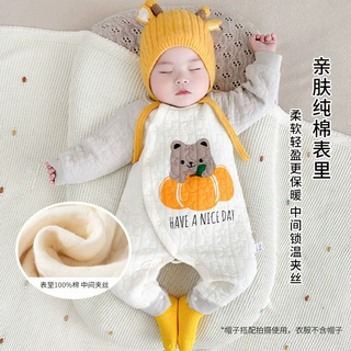 春秋新款三层保暖婴幼儿连体衣夹丝偏开长袖爬服宝宝哈衣童装代发