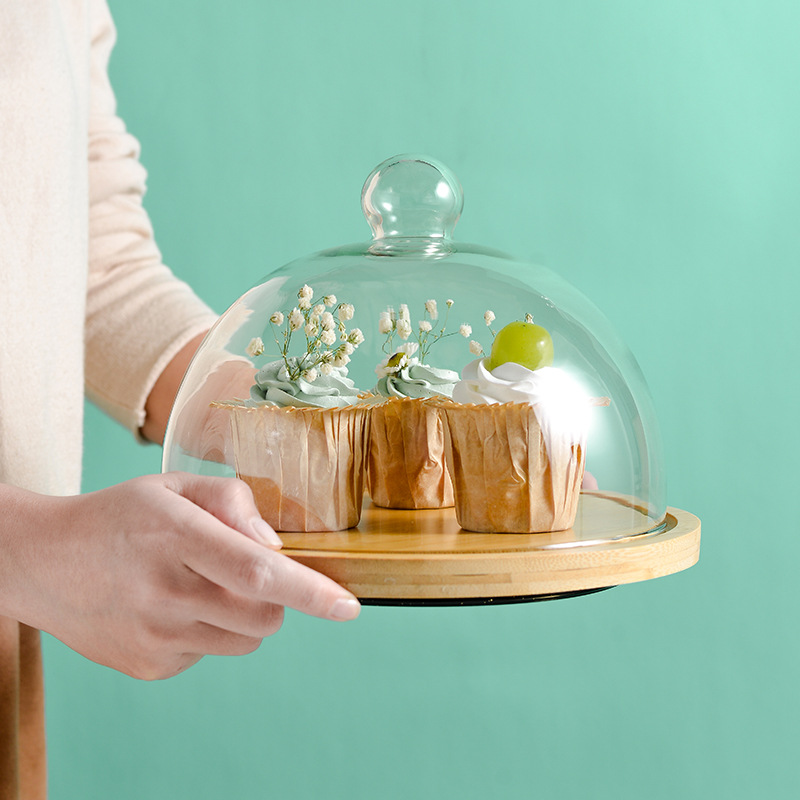 5DBJ批发蛋糕托盘带旋转点心水果试吃盘带盖玻璃透明蛋糕罩面包甜