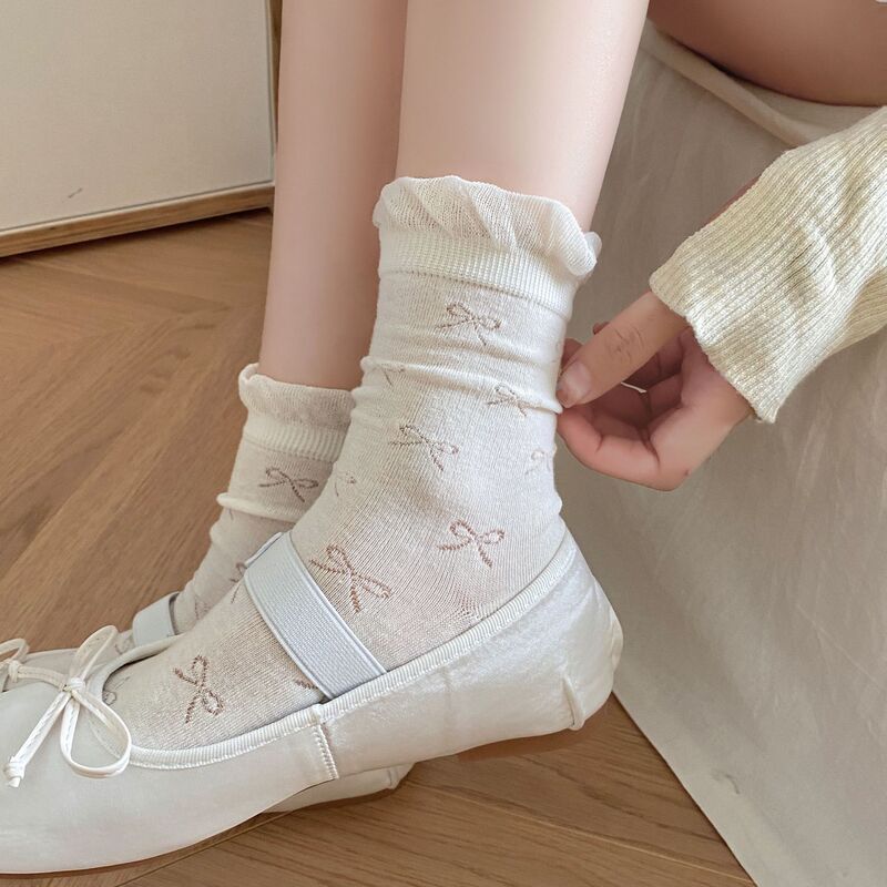 Bow Mid-tube Socks Women's Spring and Summer Thin Mesh Breathable Sweat-absorbent Stacking Socks Girls Japanese-style Summer Stockings Bow Mid-tube Socks Women's Spring and Summer Thin Mesh Breathable Sweat-absorbent Stacking Socks Girls Japanese-style Summer Stockings
