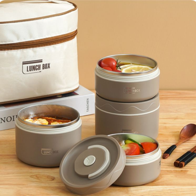 304 caja de almuerzo aislada de acero inoxidable embalaje redondo portátil caja de almuerzo portátil traje japonés multi-capa pequeño cubo aislado