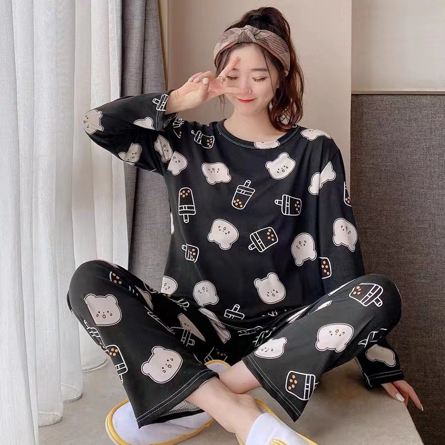 Pijama de manga larga de primavera y otoño simple coreano estilo de estilo avanzado joven suelto cuello redondo en casa otoño y invierno conjunto