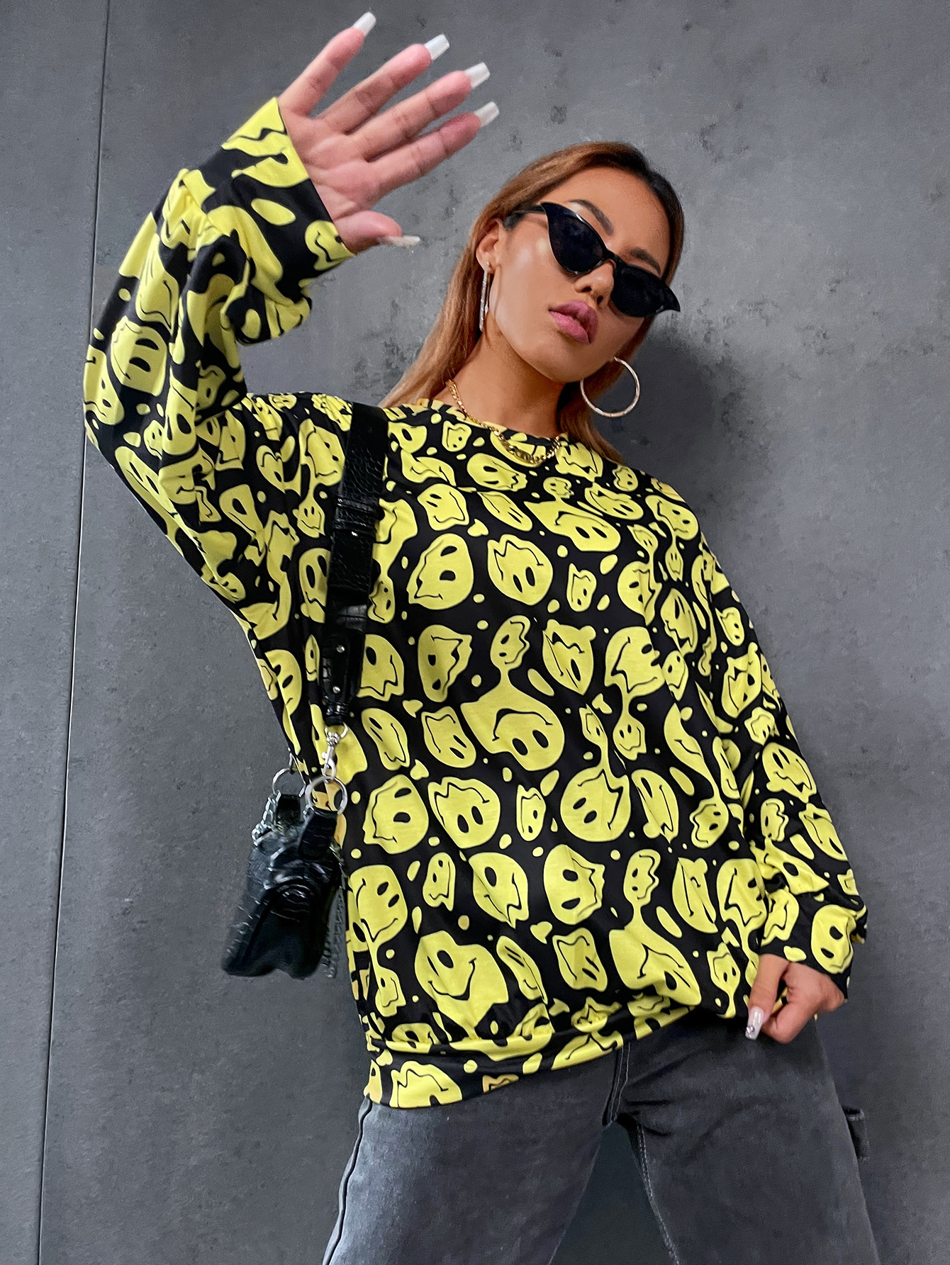 Emoji Twisted Smiley Print Long-Sleeved Pullover Sweatershirt NSGMY84149