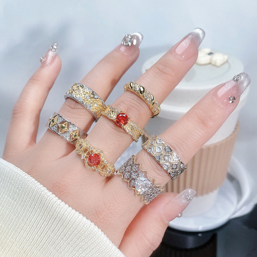 New Style National Trend Metal Girl Asymmetrical Hollow Opening Ring, Modern Chinese High-End Sense Light Luxury Versatile Finger Ring