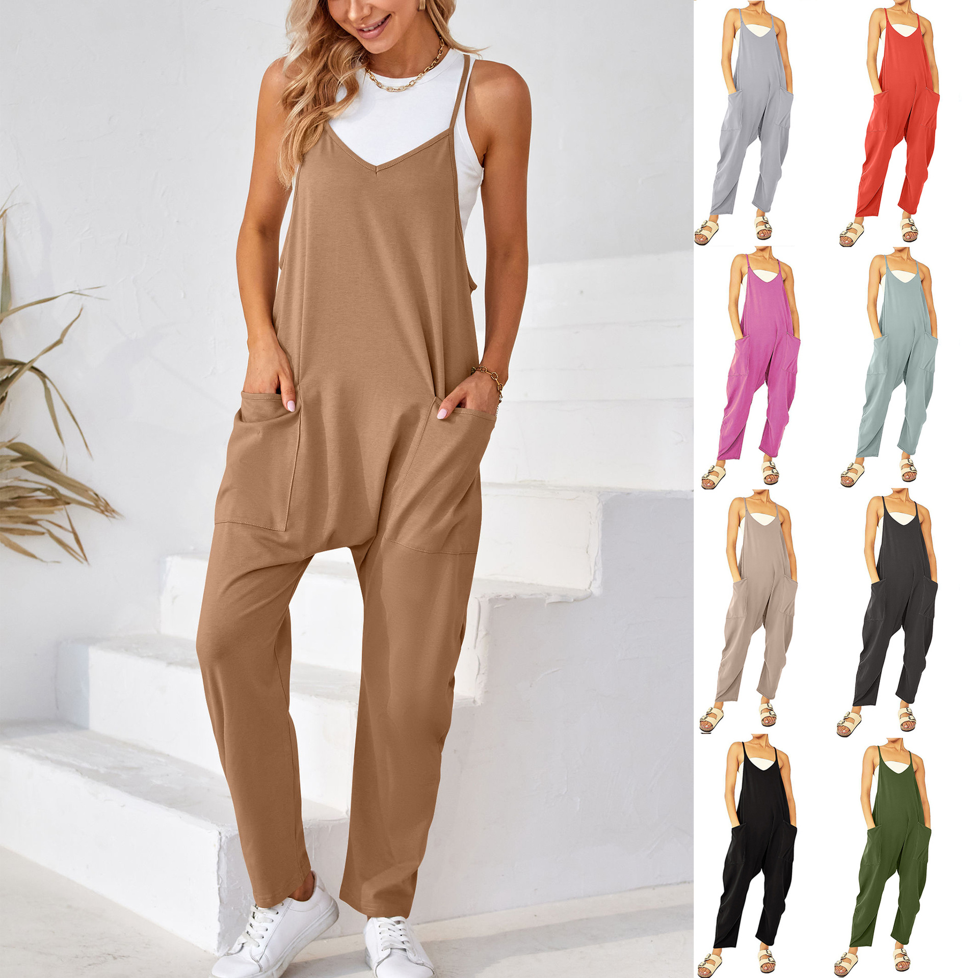 Ropa de mujer europea y americana 2024 verano nuevo estilo Amazon casual bolsillo tirantes de punto pantalones de una pieza pantalones con tirantes mujeres image 1
