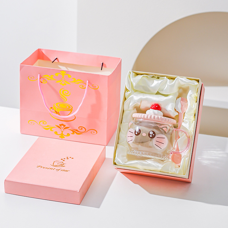 Creativo lindo alto borosilicato vidrio taza rosa corazón de la chica regalar taza de agua con cuchara de cerdo taza de gato