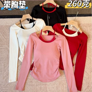 5055#人棉磨毛假两件长袖T恤女辣妹撞色修身显瘦带胸垫挂脖上衣