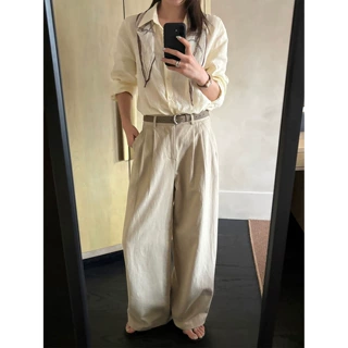 韩迅 梨形救星 高腰双褶显瘦棉麻百搭阔腿裤女2026秋款长裤27389