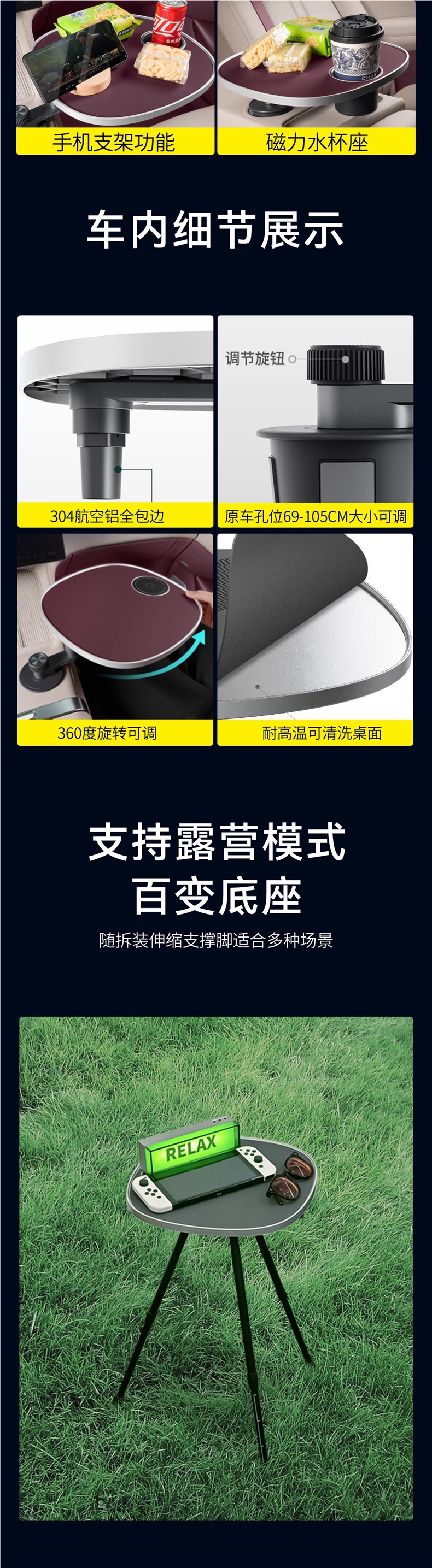 Car-mounted small table, floating round dining table for front and back seats, rotating tea table with cup holder for the driver and passenger