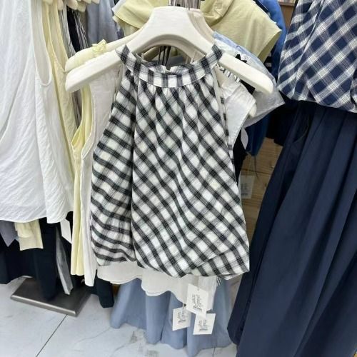 Summer New Korean Retro Plaid Puffy Waist Short Halterneck Round Neck Versatile Sleeveless Shirt for Fashionable Women