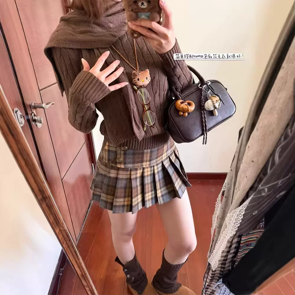 复古撞色格纹毛呢半身裙女秋冬学院风百褶裙显瘦高腰裙子a字短裙