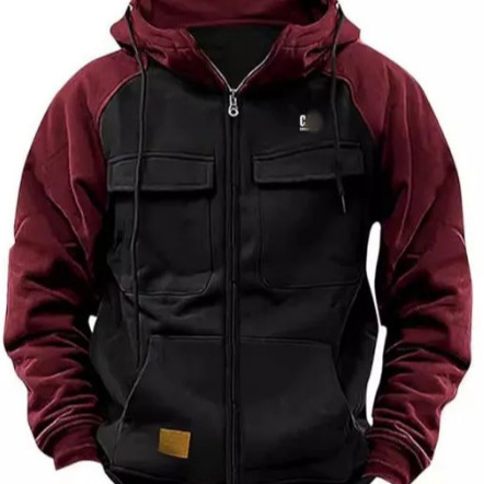 Cross-border Spring and Autumn New Men's Hooded Solid Color Sweatshirt European and American Youth Sports Multi-pocket Leather Sweatshirt Workwear