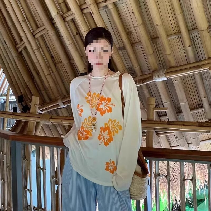 Kexin [Official Picture Bamboo Rib 140g] Lazy and Relaxed Blouse Loose Thin Long Sleeve T-Shirt for Women