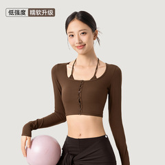 猫耳挂脖假两件瑜伽服长袖女带胸垫U领修身显瘦短款运动健身上衣