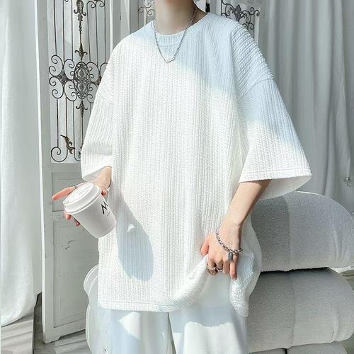 American-style striped t-shirt plain color short-sleeve T-shirt men's summer thin fashion five-sleeve t-shirt loose large size menswear