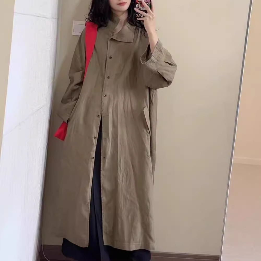 Vintage Artistic Tencel Linen Coat Women's Autumn New Loose Simple All-match Age-reducing Hong Kong-style Over-the-knee Coat for Women