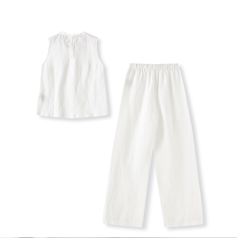 Bộ áo vest cổ cườm kết hợp quần ống rộng vải lanh nữ mùa hè — Màu trắng chi tiết 11