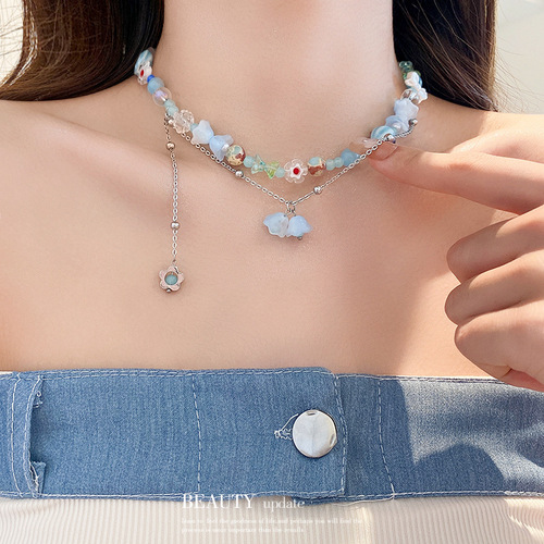 Dopamine colorful beaded butterfly star bow love tassel necklace sweet clavicle chain girl heart necklace