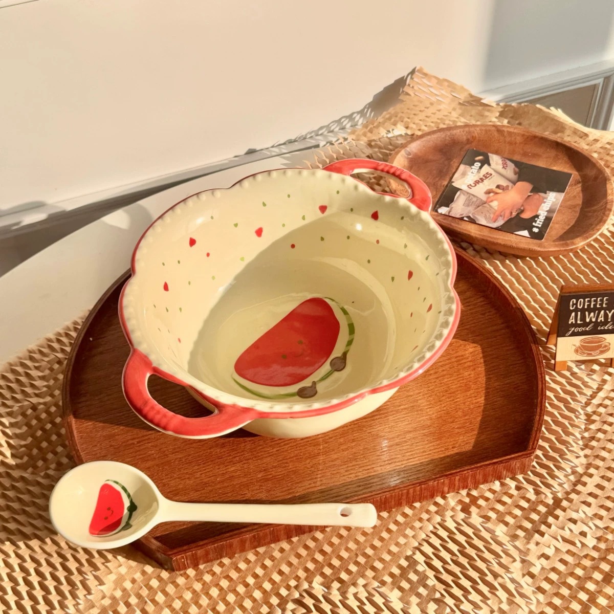 [Watermelon 2-piece set] 8.5-inch double-ear soup bowl + spoon
