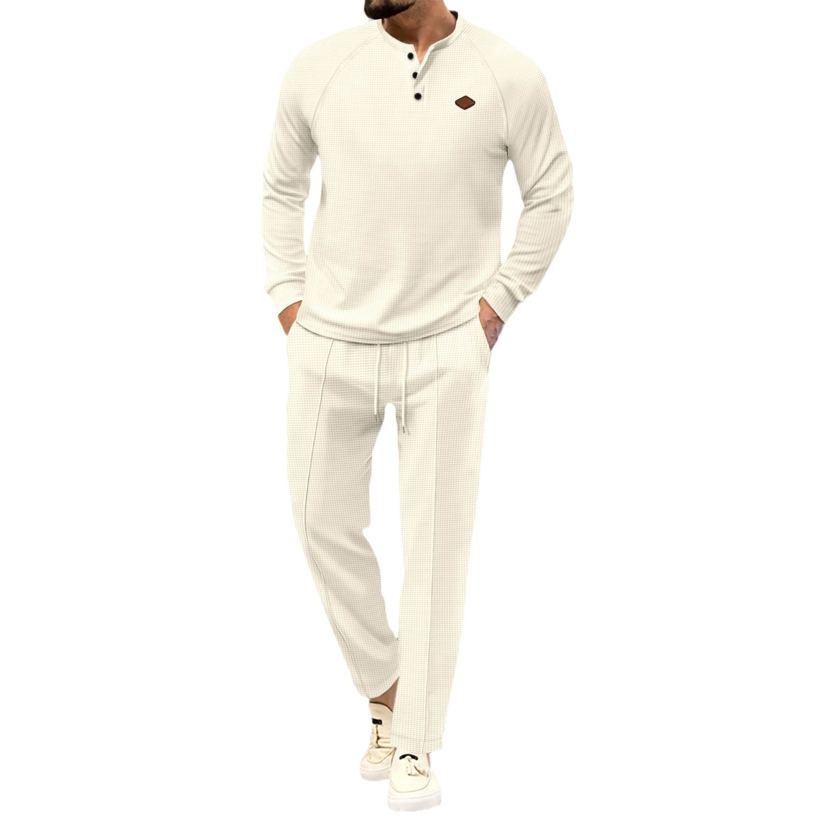 2024 Höst/vinter Nytt män enfärgad våffla Henley Shirt Långärmad Byxa Set_voghion.com