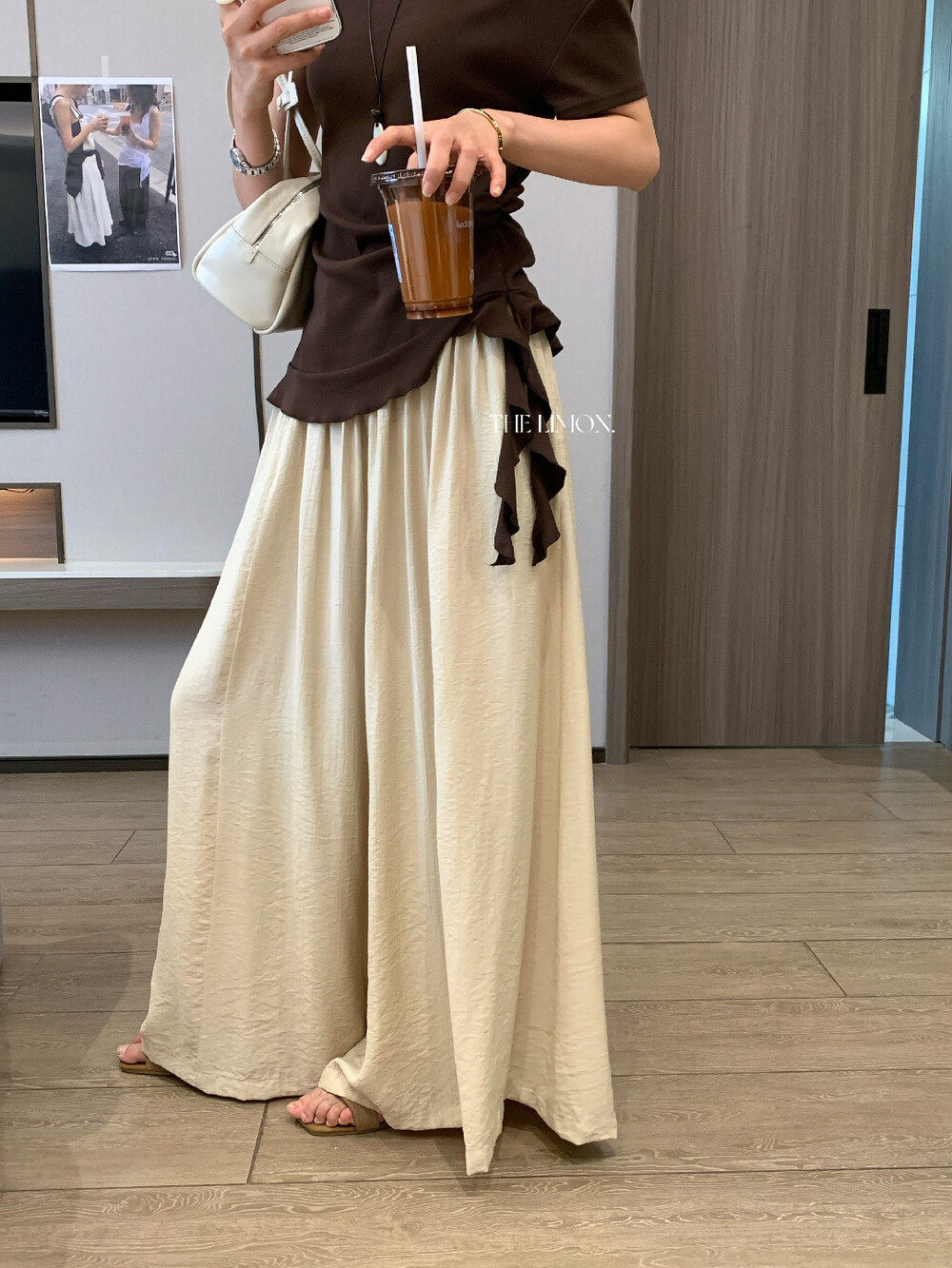 Quần culottes nữ ống rộng cạp cao thiết kế nhún eo phong cách thoải mái — Thẻ nông, màu đen, màu hồng, màu cam chi tiết 8