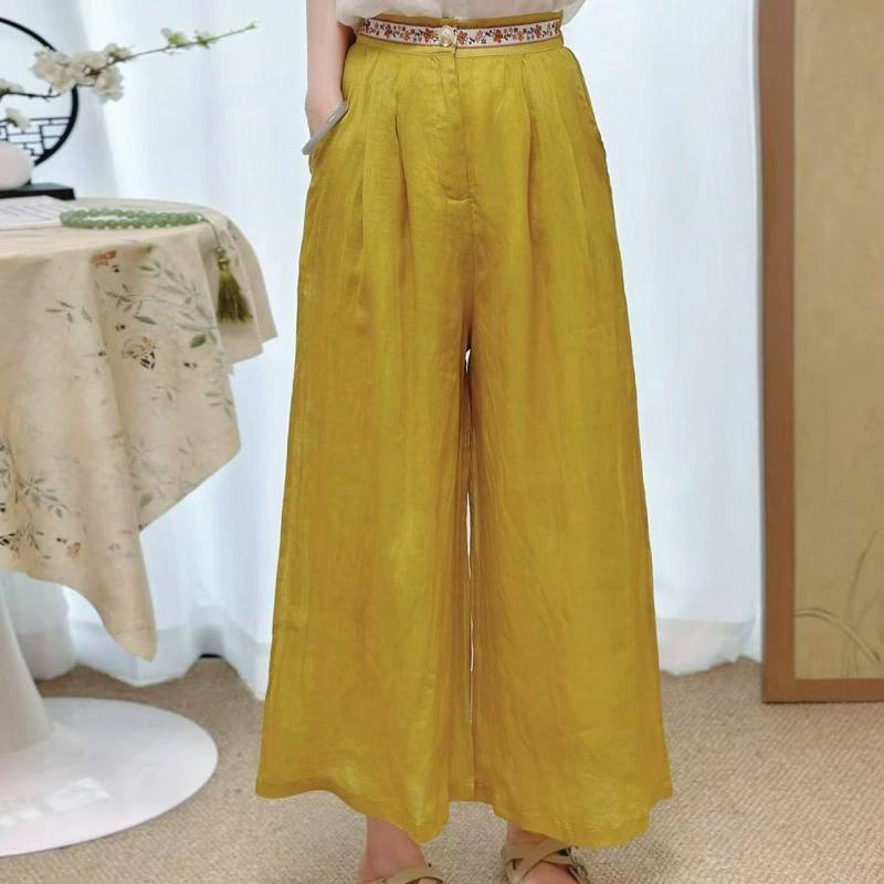 Новые широкие брюки в китайском стиле с вышивкой рами, широкие брюки в стиле ретро, ​​свободные утягивающие дышащие льняные повседневные брюки для женщин