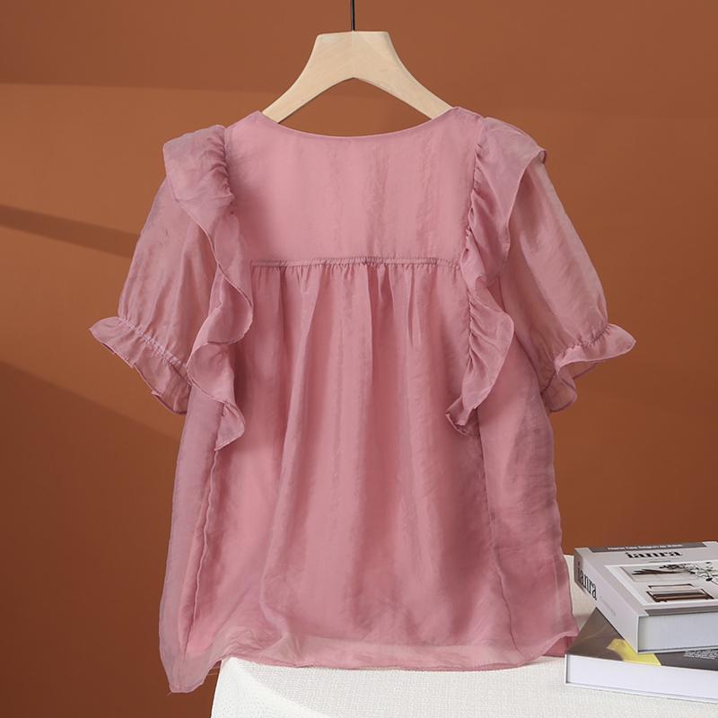 Summer Square Collar Chiffon Shirt Women's Short Sleeves 2024 New Fashion Style Lace Flower