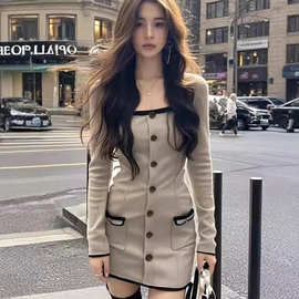 ZS5007设计感方领单排扣连衣裙女小众别致收腰显瘦气质轻熟风短裙