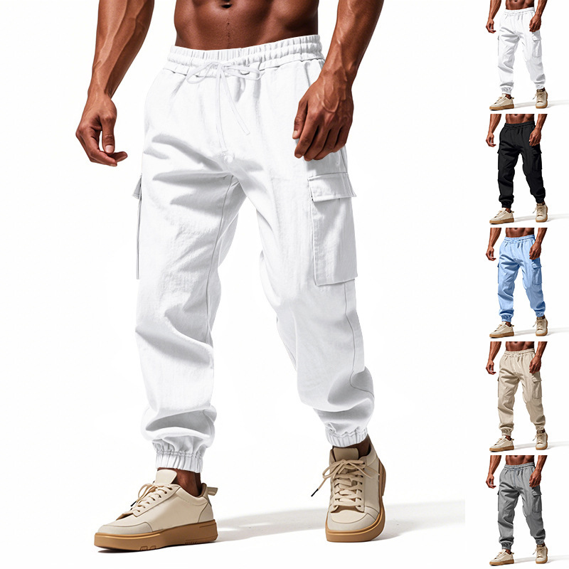 Cross-border American-style Linen Men's Casual Pants Amazon Spring and Autumn Wide-barrel Outdoor Sports Tooling Pants Men