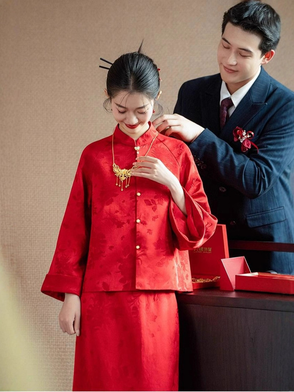 敬酒服新娘婚礼新中式红色套装显白高级感回门宴订婚礼服长袖|undefined