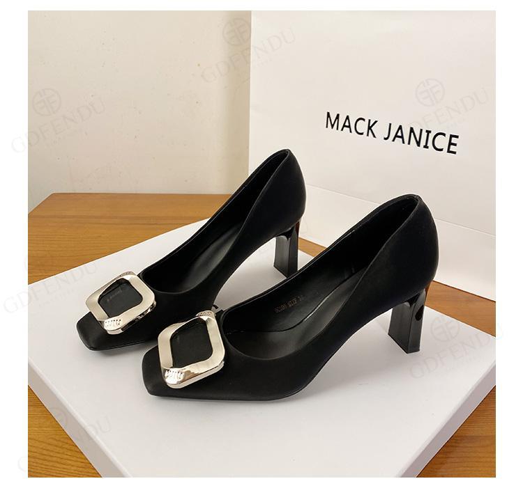 In-stock, Available Dropshipping~ Gray High-heeled For Women, Elegant And Comfortable, Square-toed Leather With Chunky_vogvips.com