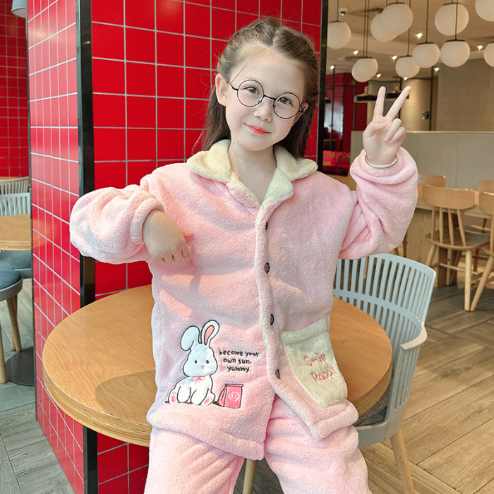 (2개) 새로운 어린이 잠옷 소년과 소녀 섬 벨벳 카디건 두꺼운 플란넬 세트 따뜻한 가정 옷