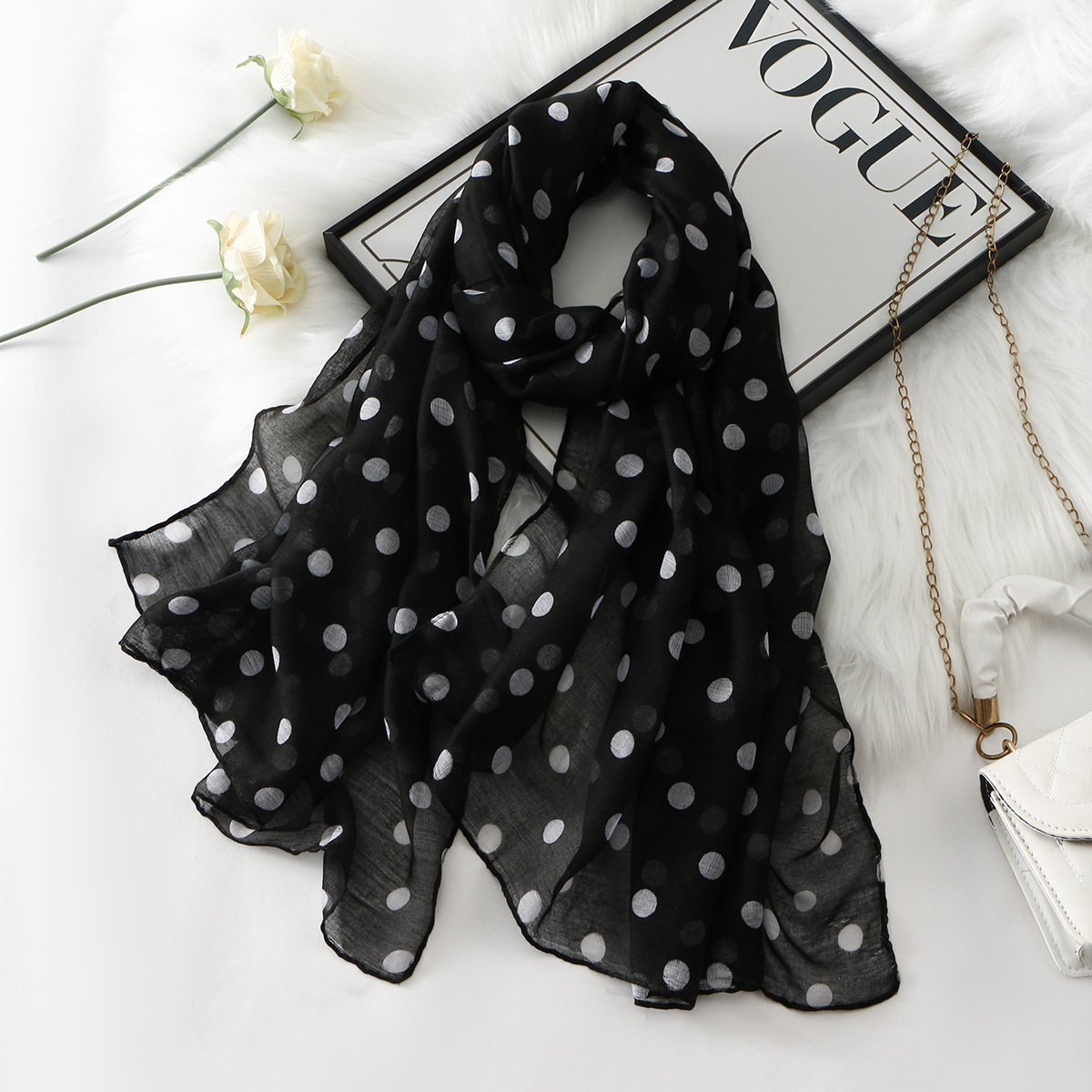 Casual and Elegant Polka Dot Scarf, Bali Yarn Cotton-Like Long Silk Scarf, Soft Shawl for Women to Wear with a Trench Coat