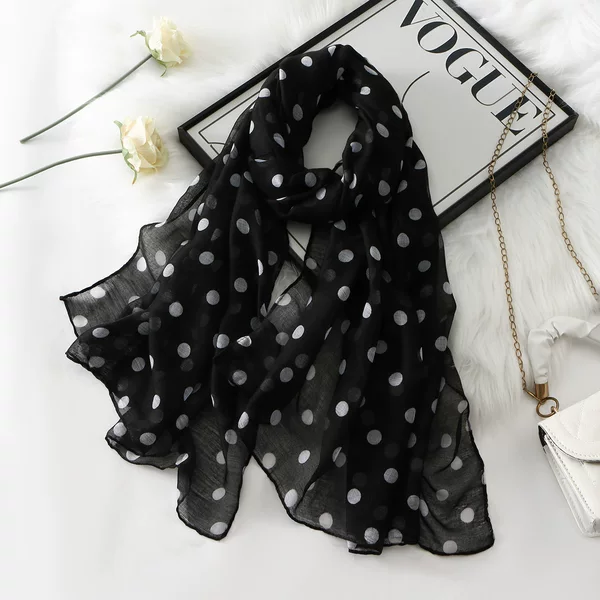 Casual and Elegant Polka Dot Scarf, Bali Yarn Cotton-Like Long Silk Scarf, Soft Shawl for Women to Wear with a Trench Coat