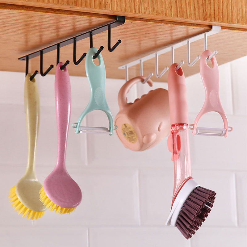 Wrought iron cabinet storage rack, multi-function row hook, wrought iron traceless six-link hook storage rack, water cup, spatula rack