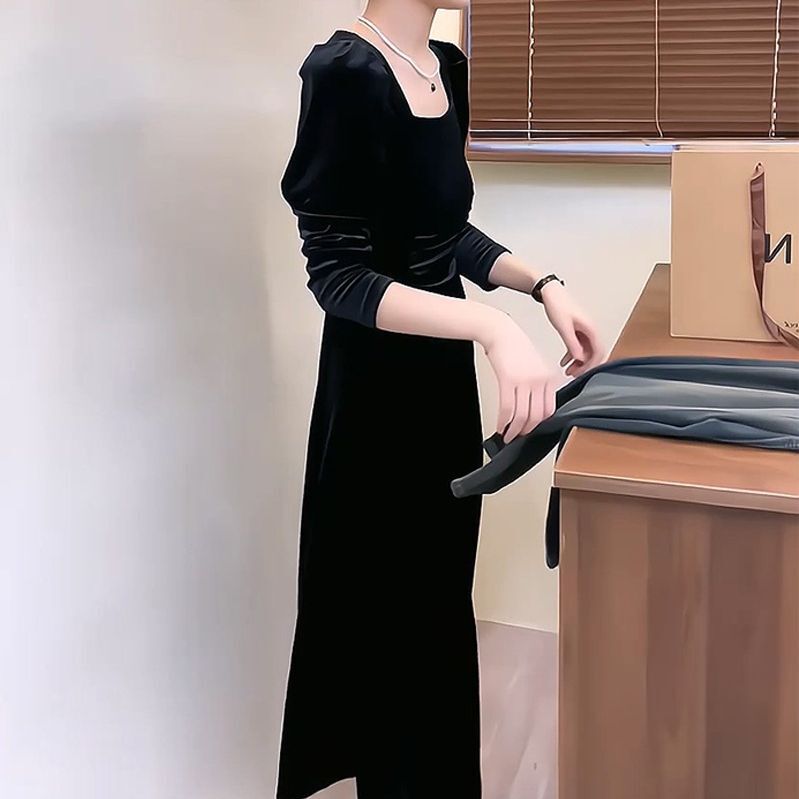 French Hepburn style gold velvet dress autumn elegant dress formal occasion puff sleeve high-grade small black dress