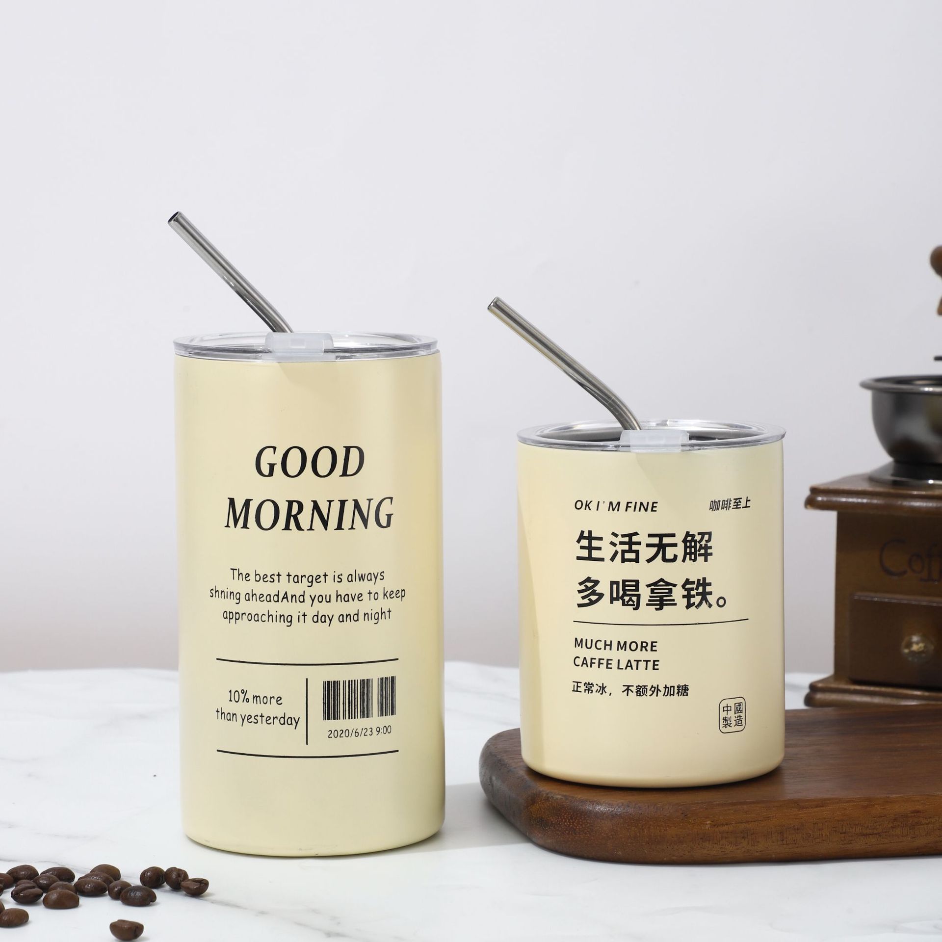 Cross-border 304 hielo de acero inoxidable taza de café americana vacío doble capa con taza de paja recta taza de aislamiento portátil doméstica